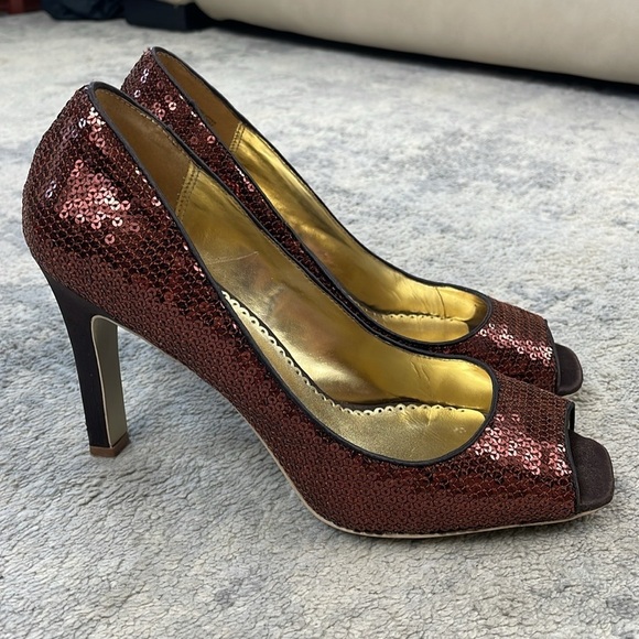 Martinez Valero Whisper Sequin Pumps Heels Peep Toe Brown Sparkle Party 8.5 - Picture 6 of 12